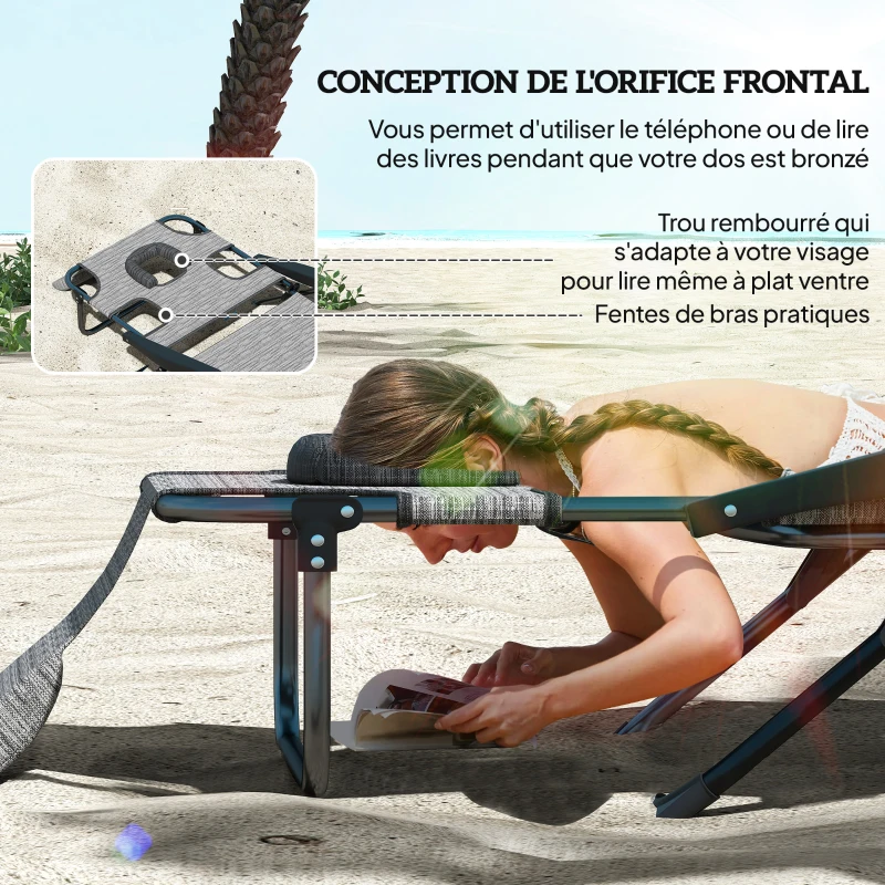 Outsunny Chaise longue de jardin pliante dossier réglable sur 4 niveaux, trou de lecture et appui-tête 72L x 194l x 31H cm Gris