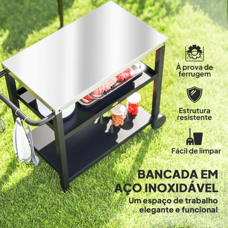 Outsunny Carrinho de Barbecue de 3 Níveis Carrinho de Serviço com Prateleiras Bancada em Aço Inoxidável 102x50x81 cm Cinza Carvão