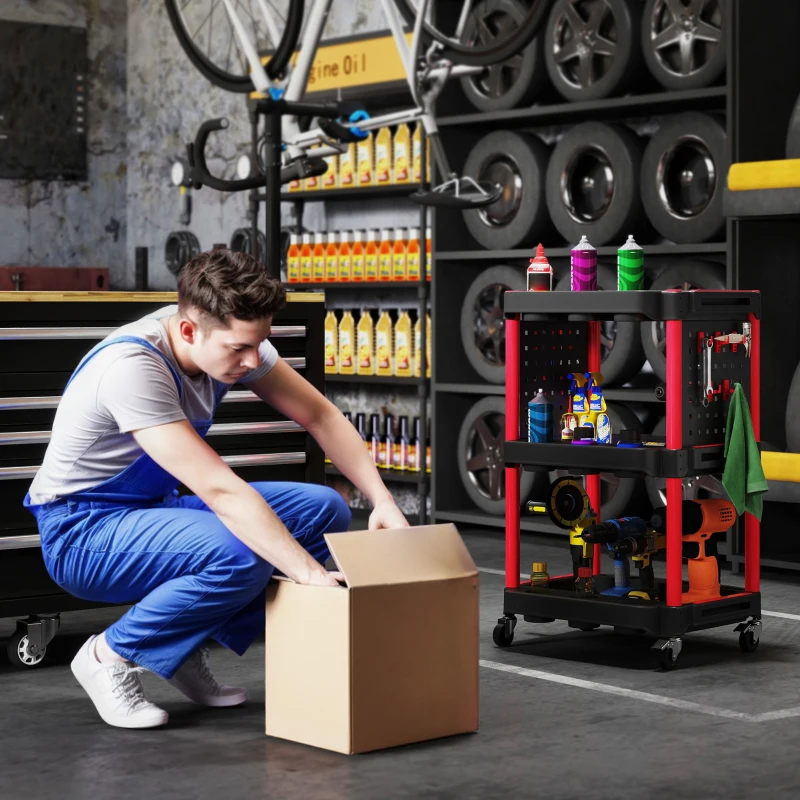 HOMCOM Carrello Porta Attrezzi a 3 Livelli in Plastica con Pannello Forato Laterale, Nero e Rosso