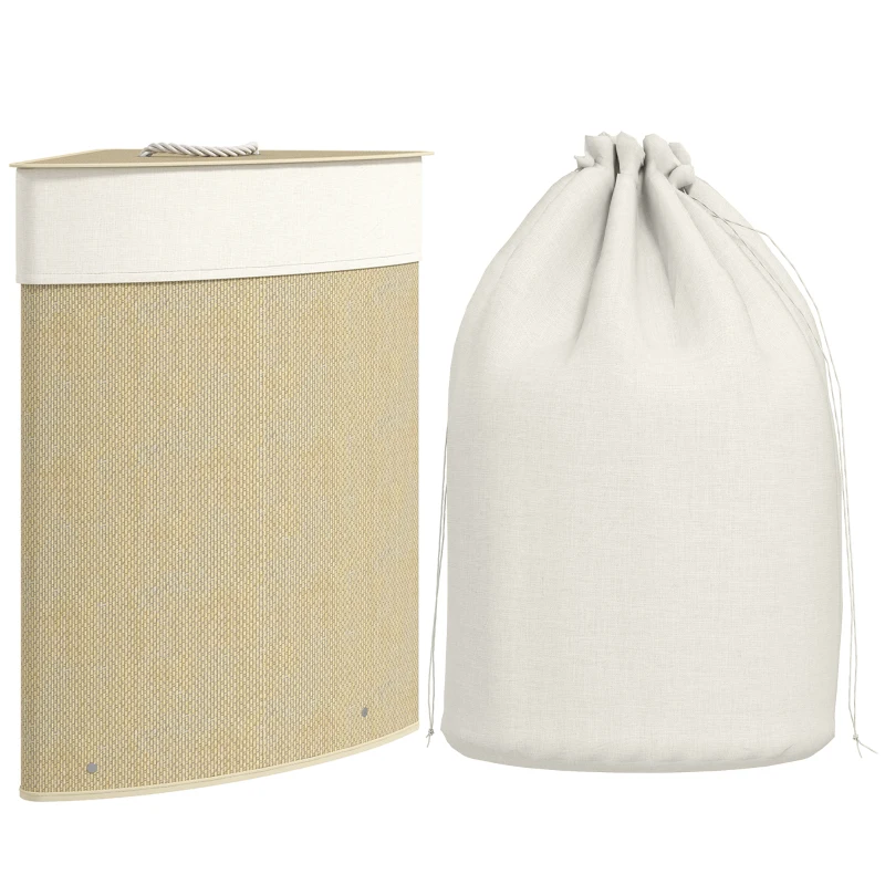 HOMCOM Bamboo Laundry Basket with Lid, 55L Corner Laundry Hamper with Removable Washable Liner Bag, Bathroom Triangle Washing Basket, 35 x 35 x 60 cm, Nature Wood Finish