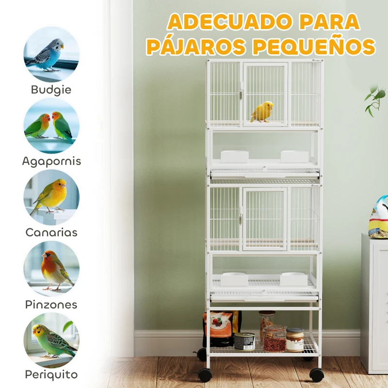 PawHut Jaula para Pájaros de 2 Niveles con Paneles Acrílicos Comederos Perchas Ruedas y Estante Inferior 48x46x134,5 cm Blanco