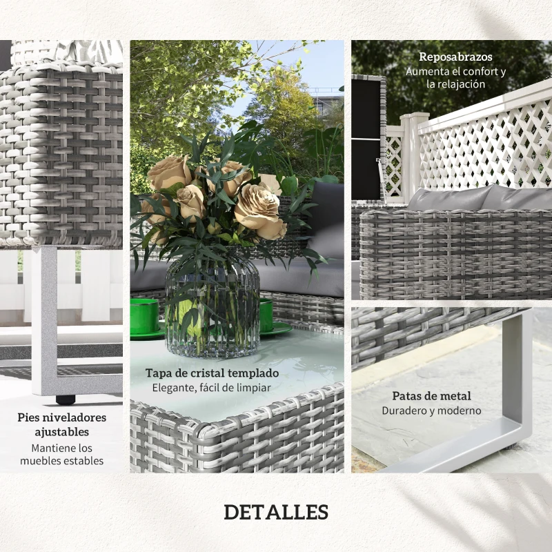 Outsunny Conjunto de 4 Muebles de Jardín de Ratán con 2 Sofás Dobles Mesa Central Mesa con Arcón Cojines Extraíbles para Terraza Exterior 132x69x64 cm Gris