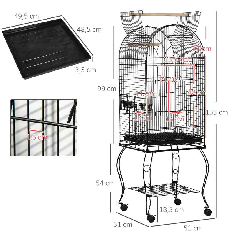 PawHut Gaiola para Pássaros com Suporte e Rodas Bandeja Amovível e 2 Tigelas para Papagaios Piriquito 51x51x153 cm  Preto