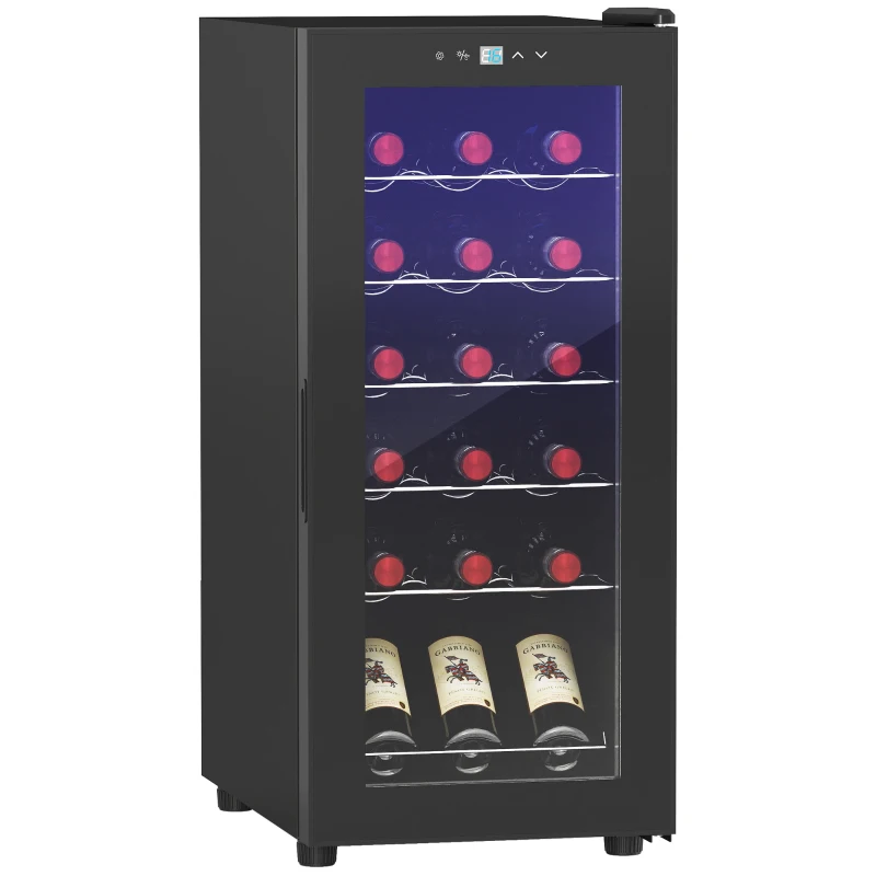 HOMCOM Cave de Vinho 18 Garrafas com Luz LED Ecrã Tátil Digital Controlo de Temperatura Porta de Vidro e 5 Prateleiras Preto