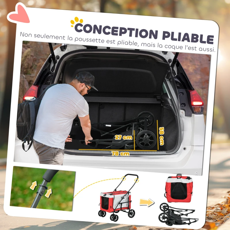 PawHut Poussette pliable animaux chien chat nacelle amovible bandoulières 4 roues 81 x 58 x 97,5 cm rouge