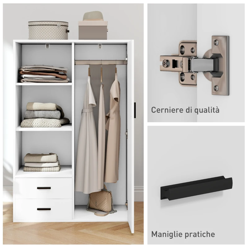 HOMCOM Armadio Moderno con 2 Cassetti, Ripiani Aperti e Vano Appendiabiti, 80x50x124 cm, Bianco