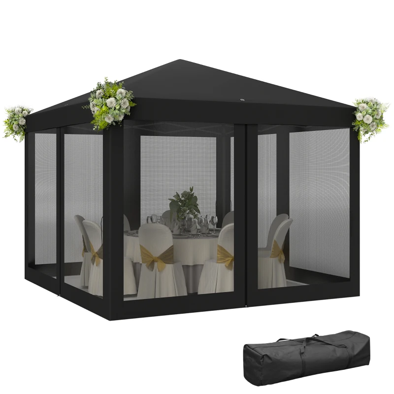 Outsunny 3 x 3 m Pop Up Gazebo, 420D Garden Tent Canopy with Removable Mesh Sidewall Netting, Carry Bag for Garden Patio Outdoor, Black