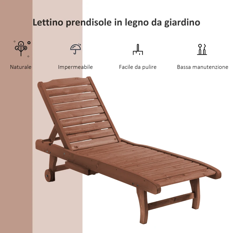 Outsunny Lettino Prendisole in Legno, Lettino Sdraio da Giardino con Ruote e Vassoio Estraibile 182x60x35cm