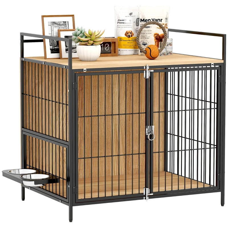 PawHut Gaiola para Cães Mesa Auxiliar Moderna com Suporte Giratório com 2 Tigelas para Cães Médios 80x56x76,5 cm Madeira e Preto