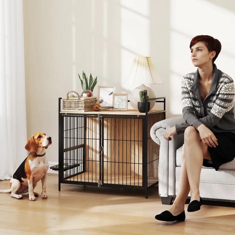 PawHut Jaula para Perros Mesa Auxiliar Moderna con Soporte Giratorio con 2 Tazones y 2 Puertas 80x56x76,5 cm Roble