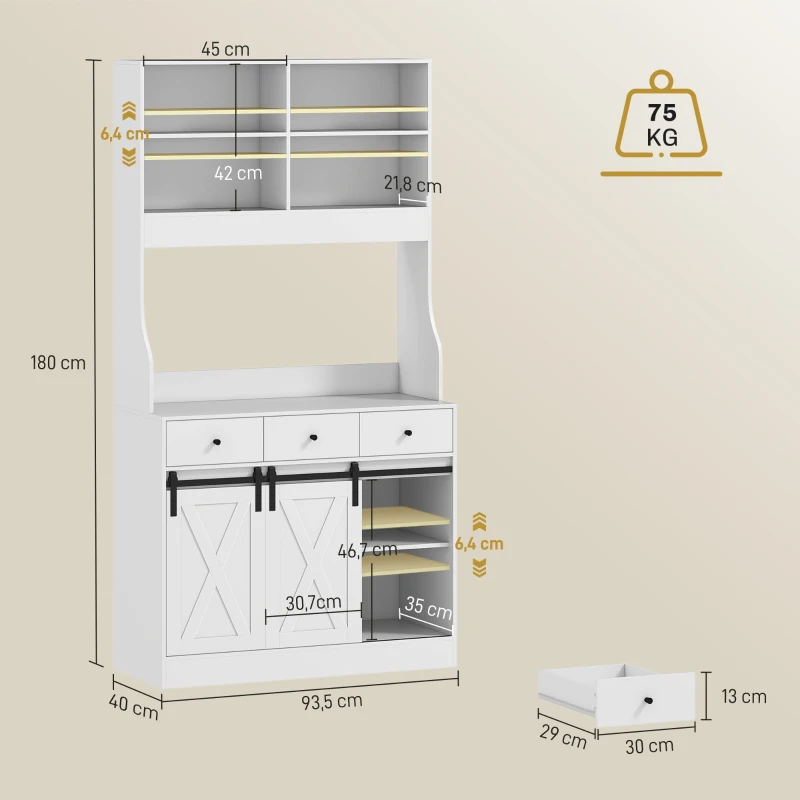 HOMCOM Keukenkast met Planken, Kasten, Lades en Werkruimte, Landelijke Sfeer, Verstelbare Planken, Hout, Wit(m-3)