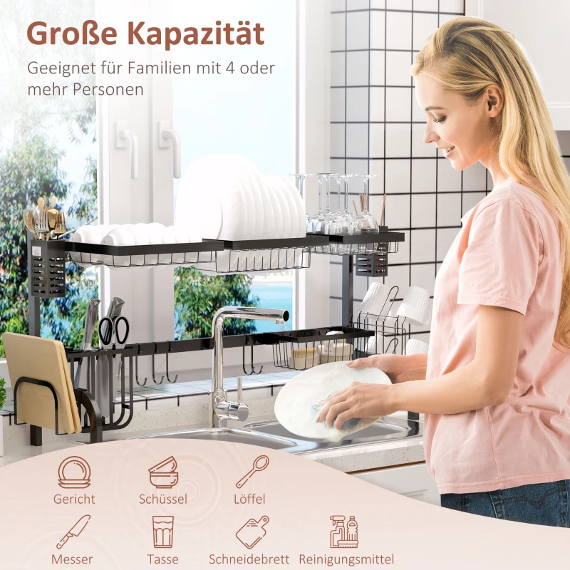 HOMCOM Abtropfgestell Geschirr, 2-stufiges Abtropfständer mit Haken, Tellerregal, Zubehör, 100 cm Stahl, Schwarz
