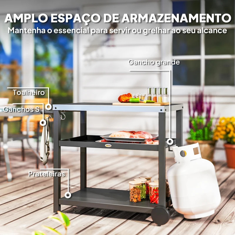 Outsunny Carrinho de Barbecue de 3 Níveis Carrinho de Serviço com Prateleiras Bancada em Aço Inoxidável 102x50x81 cm Cinza Carvão