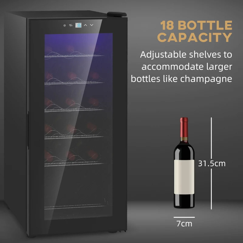 HOMCOM Frigider pentru Vinuri, Frigider de Vin cu Control al Temperaturii, Ecran Tactil Digital și Lumină LED, 18 Sticle, 34.5x45x78 cm, Negru