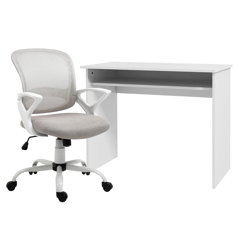 Vinsetto Home Office Chair and Computer Desk Set, Mesh Chair with Swivel Wheels, Study Desk with Storage Shelf, High Gloss White and Grey