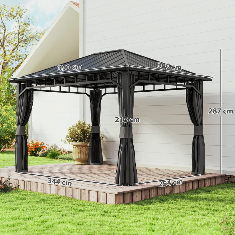 Outsunny Garten-Pavillon, Metallpavillon, wasserfest, UV-beständig, Terrassenpavillon mit Netzwänden und Vorhängen, Dunkelgrau