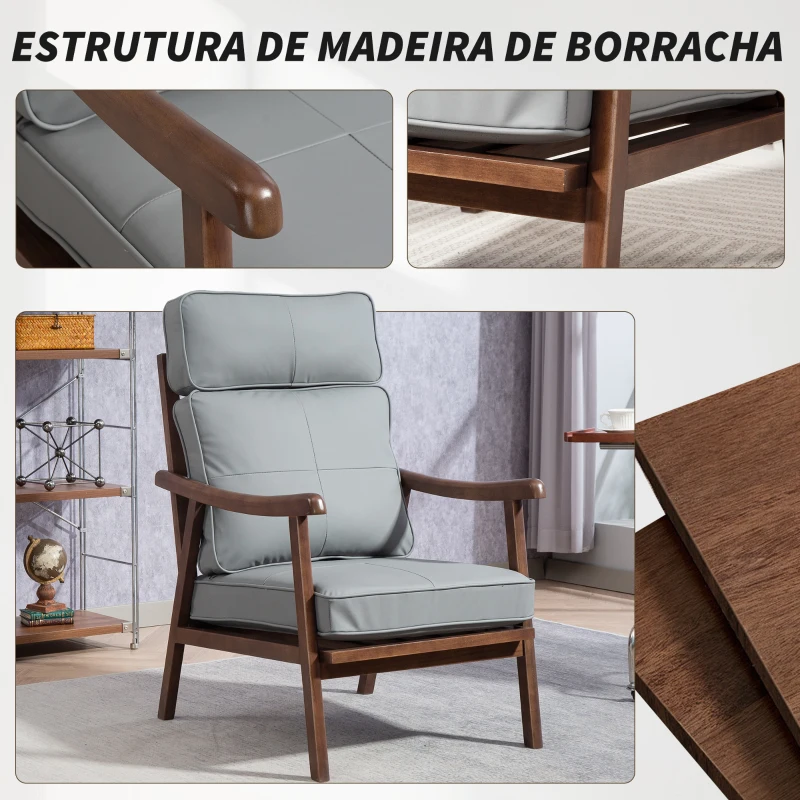 HOMCOM Poltrona de Sala de Estar Estofada em PU com Estrutura de Madeira Almofadas Acolchoadas Poltrona de Leitura 63,5x83x105 cm Cinza