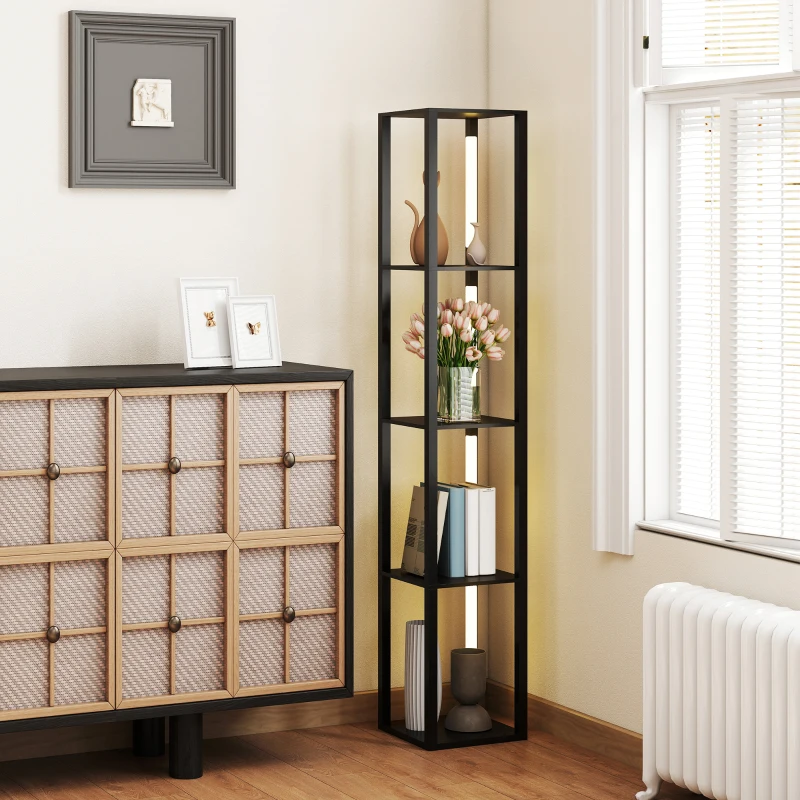 HOMCOM Lampada da Terra con 4 Ripiani, 3 Luminosità Regolabili e Interruttore a Pedale, 29x29x163 cm, Nero