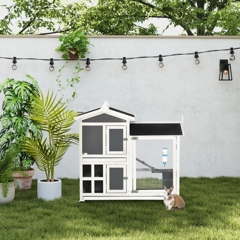 PawHut Conigliera da Esterno per 2 Conigli in Legno con Vassoio Estraibile e Area di Corsa, 110x60x104 cm