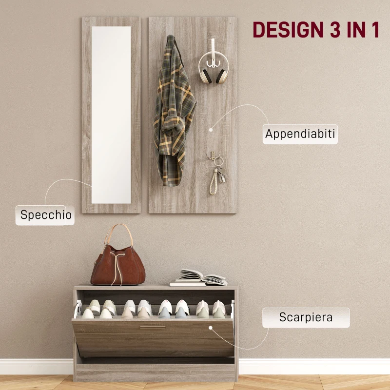 HOMCOM Set da Ingresso 3 Pezzi con Scarpiera, Appendiabiti e Specchio, in Legno e Vetro, color Legno e Bianco