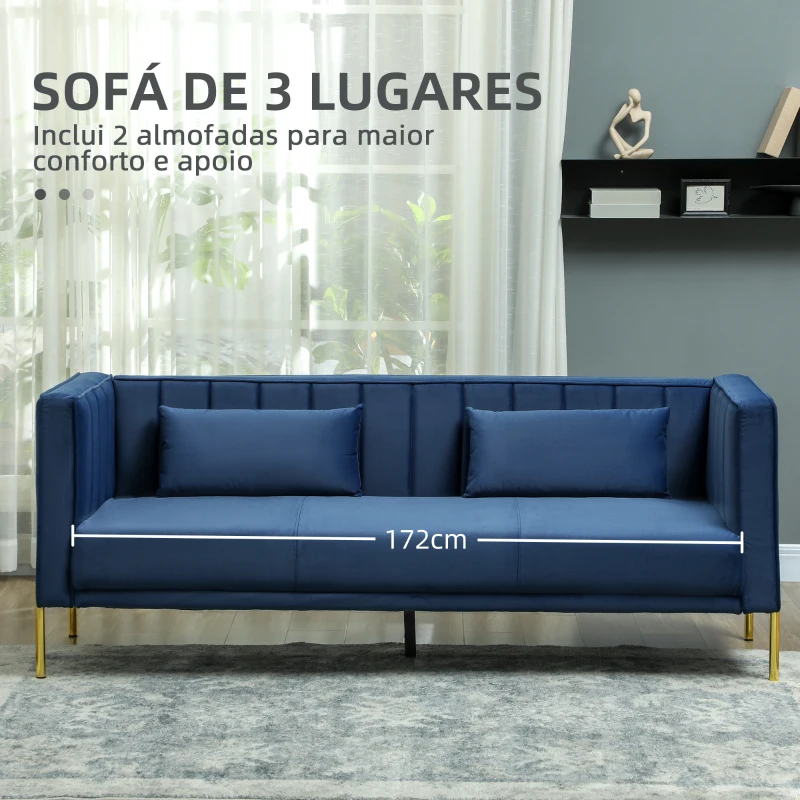 HOMCOM Sofá de 3 Lugares Estofado em Veludo com 2 Almofadas Apoio para os Braços e Pés Dourados 194,5x76x76 cm Azul Marinho