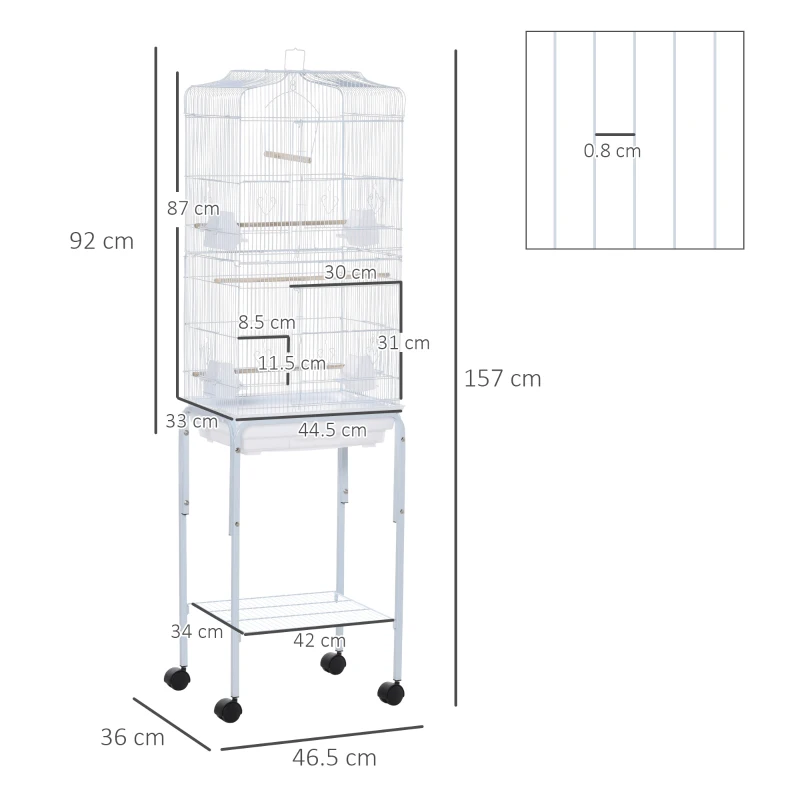 PawHut Bird Cage Budgie Cages for Finch Canary Parakeet with Stand Wheels Slide-out Tray Accessories Storage Shelf, White 46.5 x 36 x 157 cm