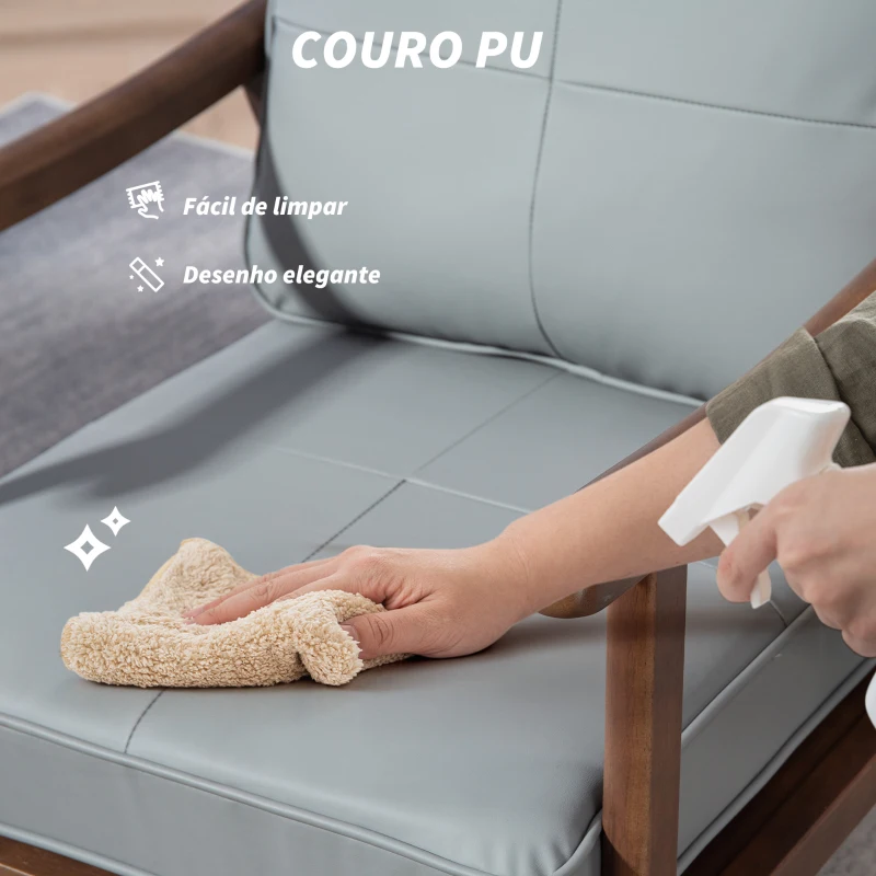 HOMCOM Poltrona de Sala de Estar Estofada em PU com Estrutura de Madeira Almofadas Acolchoadas Poltrona de Leitura 63,5x83x105 cm Cinza