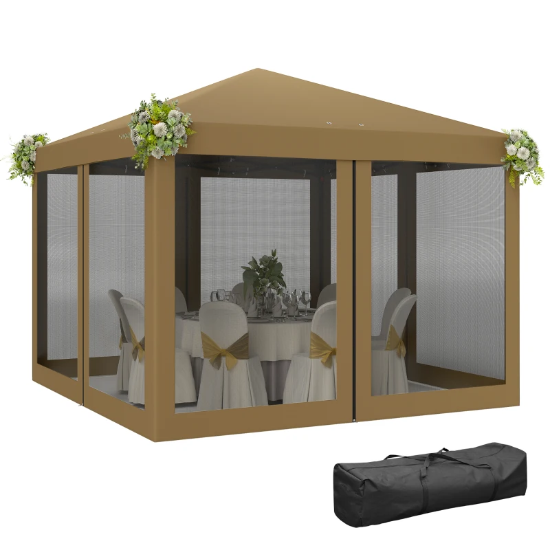 Outsunny 3 x 3 m Pop Up Gazebo, 420D Garden Tent Canopy with Removable Mesh Sidewall Netting, Carry Bag for Garden Patio Outdoor, Khaki