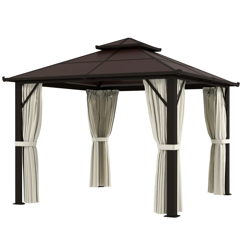 Outsunny 3 x 3(m) Hardtop Gazebo Canopy with UPF30+ Double Polycarbonate Roof, Aluminium Frame Garden Gazebo Permanent Pavilion with Mosquito Netting and Curtains for Patio, Deck, Beige