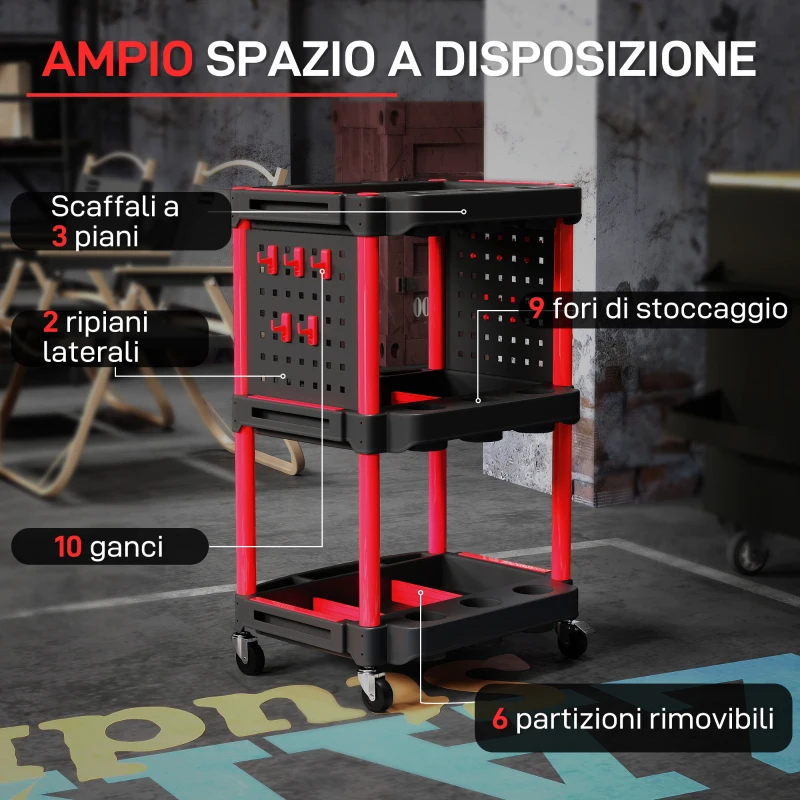 HOMCOM Carrello Porta Attrezzi a 3 Livelli in Plastica con Pannello Forato Laterale, Nero e Rosso