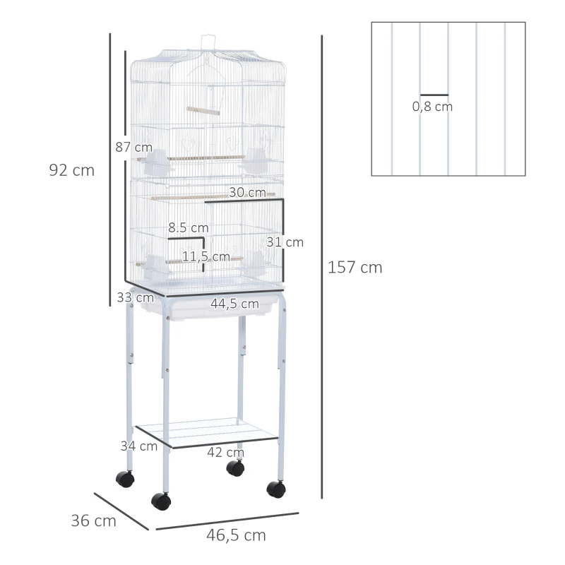 PawHut Gaiola para Passáros com Suporte  com 4 Rodas Portas 4 Comedouros 3 Poleiros e Bandeja Removível 46,5x36x157cm Branco