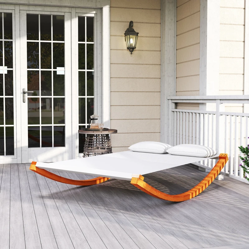 Outsunny Bain de Soleil transat Design à Bascule 2 Places 2 Coussins Inclus Bois mélèze pré-huilé Coton Blanc