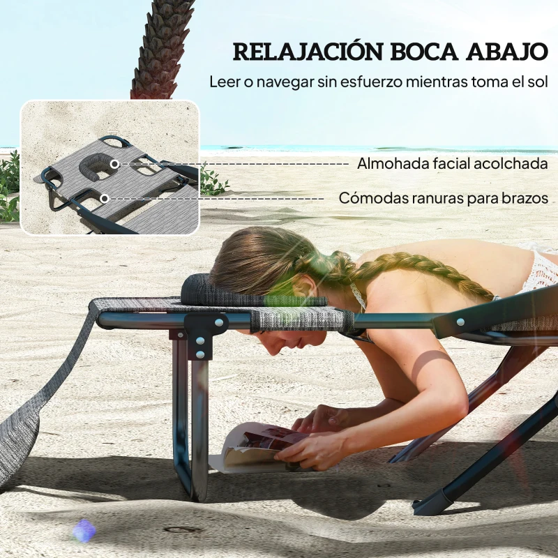 Outsunny Tumbona de Jardín Plegable con Respaldo Ajustable en 4 Niveles Orificio de Lectura y Reposacabezas 194x72x31 cm Gris
