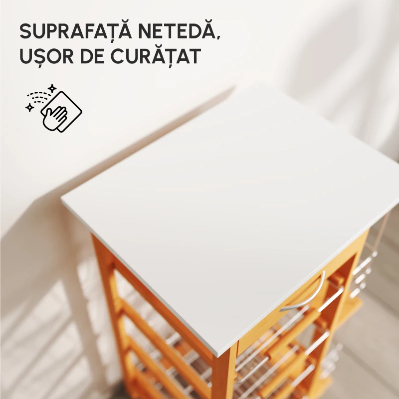 HOMCOM Carucior de Bucatarie din Lemn Maro cu 1 Sertar si 4 Cosuri Metalice