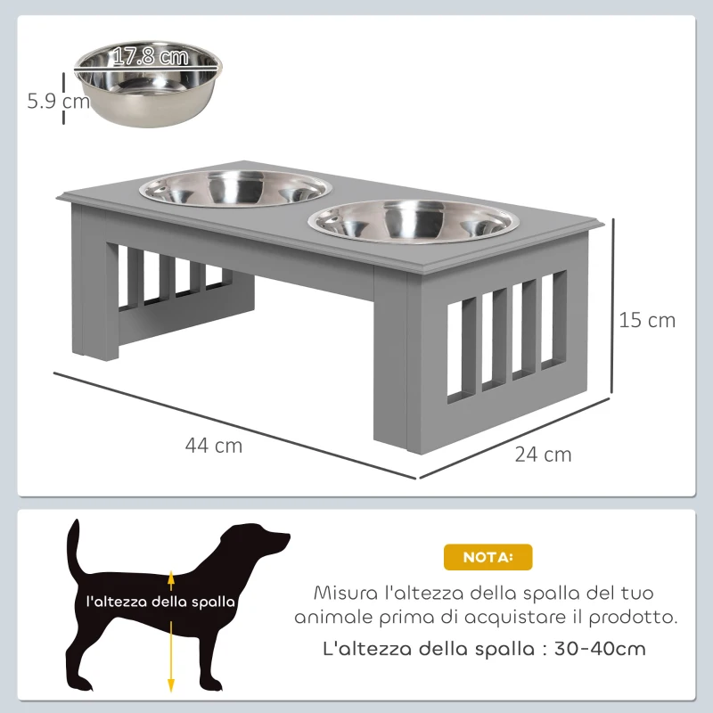 PawHut Ciotole Rialzate per Cani Taglia Piccola, Supporto in MDF con 2 Ciotole in Acciaio, Grigio