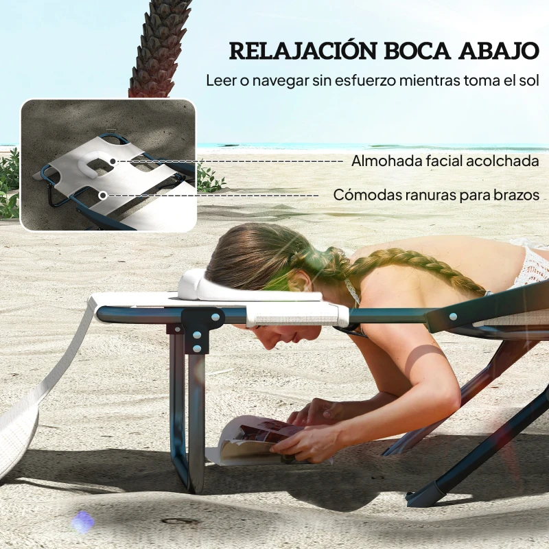 Outsunny Tumbona de Jardín Plegable con Respaldo Ajustable en 4 Niveles Orificio de Lectura y Reposacabezas 194x72x31 cm Crema