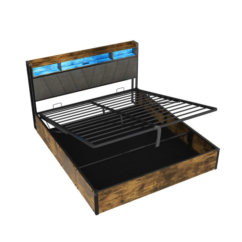 Double Bed Frame with RGB LED Headboard, Charging Station, Hydraulic Storage Bed with Linen Fabric, 205L x 136W x 109H cm, Black+Walnut