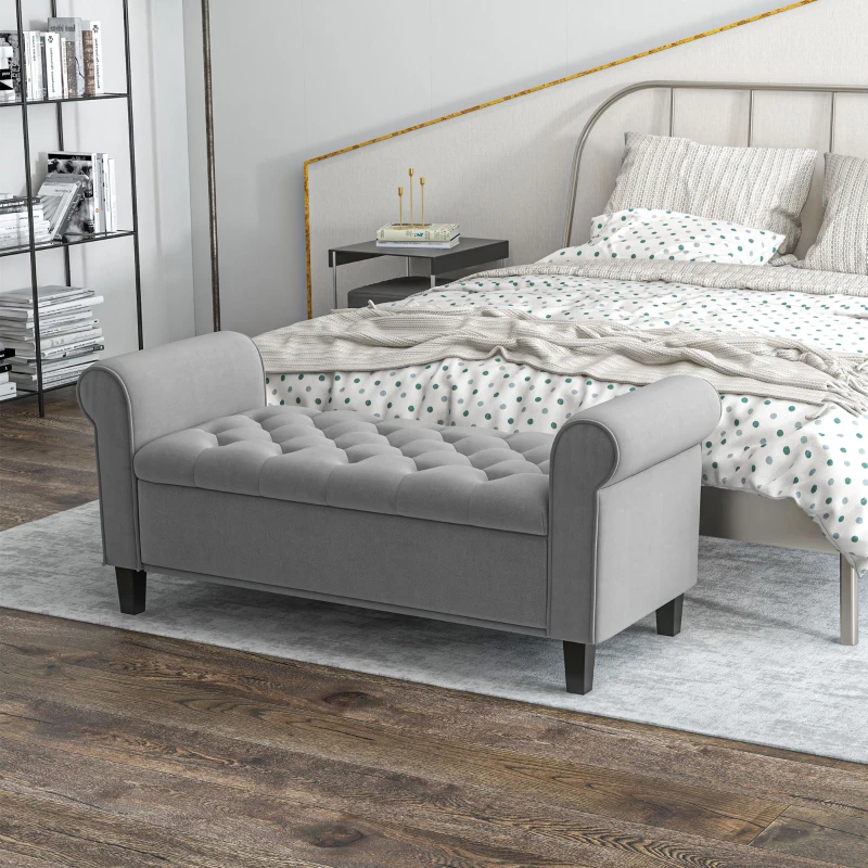 HOMCOM Zitbank Polsterbank Bedbank, Knoopstiksel, Fluweelachtige Afwerking, 126 cm x 48,5 cm x 57 cm, Grijs