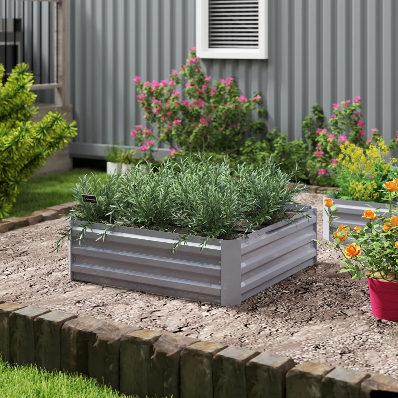 Outsunny Set of 2 291L Raised Garden Bed, Elevated Galvanised Planter Box for Flowers, Herbs, 100x100x30cm, Grey
