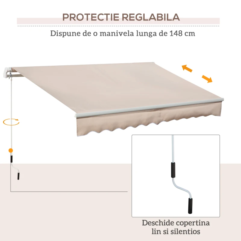 Outsunny Copertină Extensibilă pentru Exterior, Copertină Roll-Up cu Deschidere Manivelă, 295x200 cm, Bej