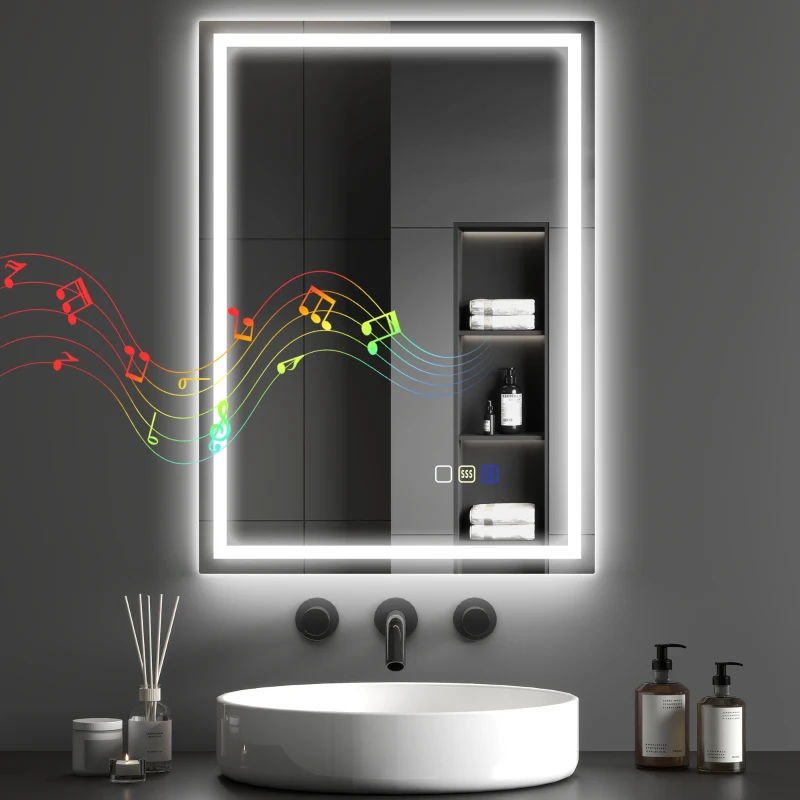 HOMCOM 50 x 70 cm Anti-Fog LED Bathroom Mirror, with Bluetooth and Clock - Silver Tone