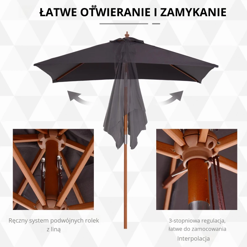 Outsunny Parasol zginany, parasol ogrodowy, parasol plażowy, 3-stopniowa regulacja, drewno jodłowe + poliester, ciemnoszary, 200 x 150 x 230 cm