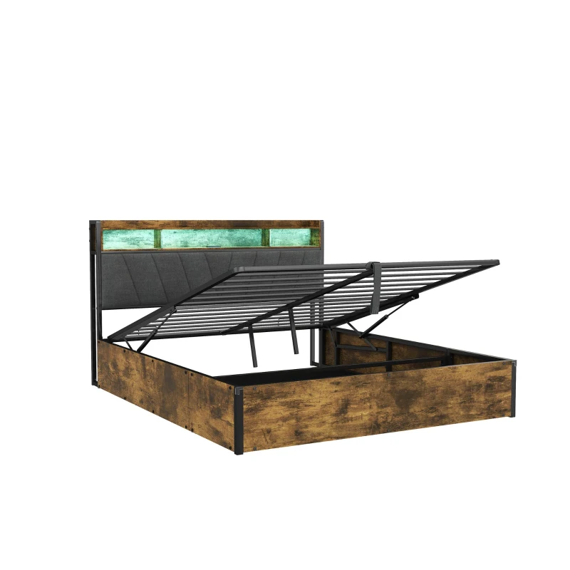 Double Bed Frame with RGB LED Headboard, Charging Station, Hydraulic Storage Bed with Linen Fabric, 205L x 136W x 109H cm, Black+Walnut