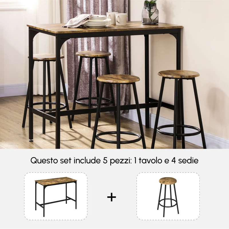 HOMCOM Set da Bar 5 pezzi con Tavolo alto e 4 Sgabelli Stile Industriale, Marrone e Nero
