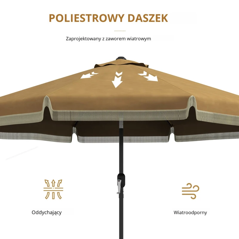 Outsunny Parasol z Ozdobnymi Frędzlami, Ø265 cm, Nachylany, Dwuczęściowy Metalowy Maszt, Wentylacja, Khaki/Czarny
