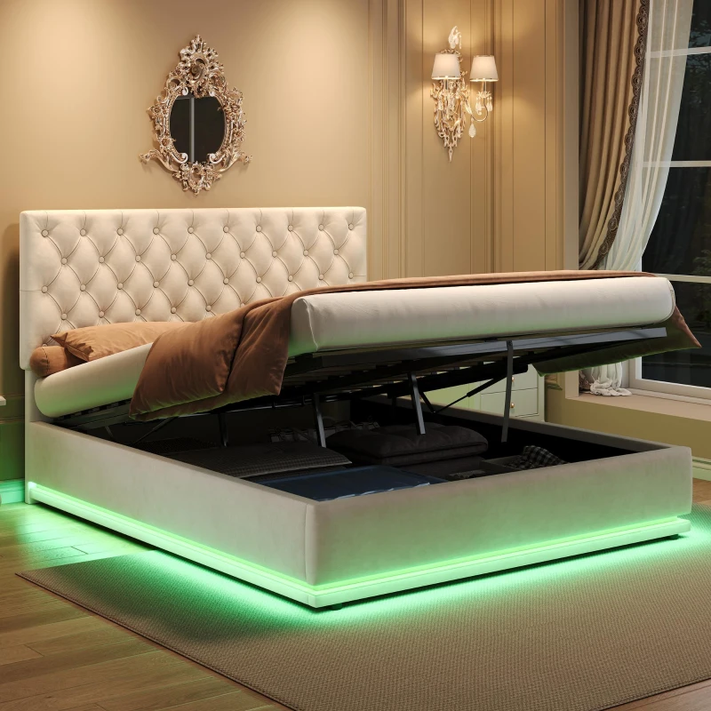 Ottoman Double Bed with LED Lighting, Adjustable Headboard, Velvet Upholstered Bed with Hydraulic Storage, 195L x 142W x 102-112H cm, Beige