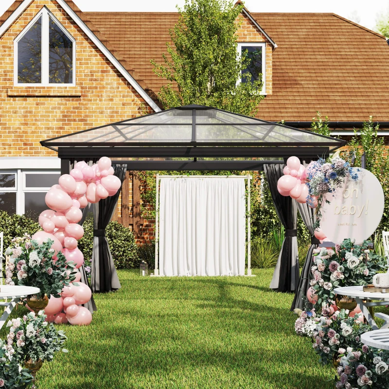 Outsunny 3.6 x 4m Hardtop Gazebo Canopy with Polycarbonate Roof, Aluminium Frame, Permanent Pavilion Garden Gazebo with Netting and Curtains for Patio, Deck, Dark Grey