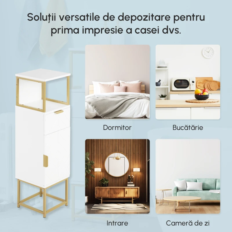 kleankin Dulap de Depozitare pentru Baie, Organizator de Baie pe Podea, Dulap de Lenjerie cu raft Deschis, Sertar si Dulap, Alb