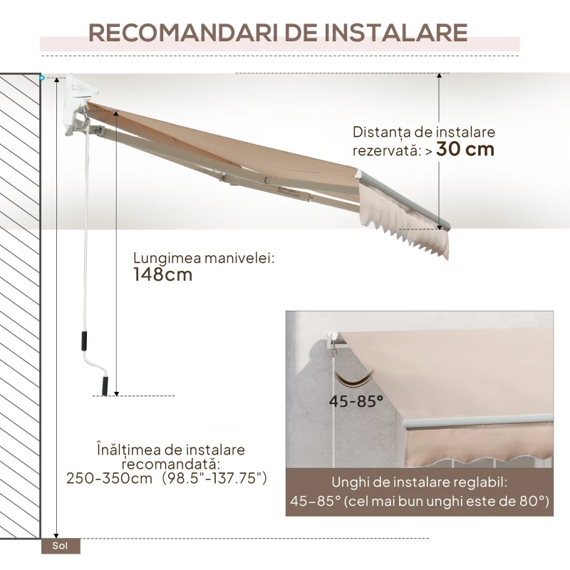 Outsunny Copertină Extensibilă pentru Exterior, Copertină Roll-Up cu Deschidere Manivelă, 295x200 cm, Bej