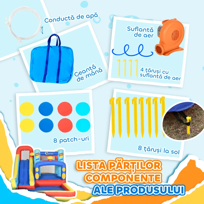 Outsunny 4 in 1 Castel Gonflabil pentru Copii cu Tobogan Piscina Trambulina Perete de Catarat, Casa Gonflabila cu Suflanta Geanta de Depozitare, 4,35 x 2,45 x 2 m